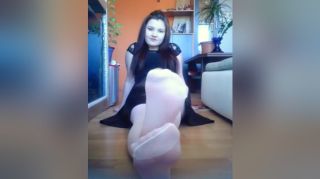 Pegging Pretty Amateur Teen Sitting On The Floor In Her Cute Dress And White Nylon Stockings Self - 1