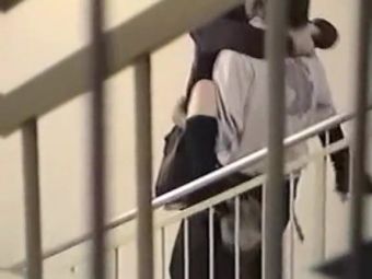 XTube Horny Asian couple having sex on the stairs at the entrance HD21 - 2